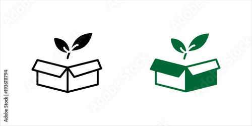 Minimal black and white outline icon set. of open box with leaves. Eco friendly packaging, sustainable product, green business and environmental concept.