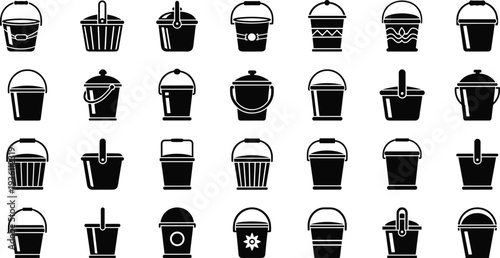 Bucket silhouettes collection, plastic pail container icons set isolated on white background vector illustration for cleaning and household design