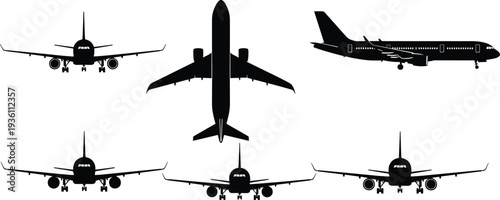 Airplane silhouettes set, passenger jet aircraft front side and top views isolated on white background vector illustration