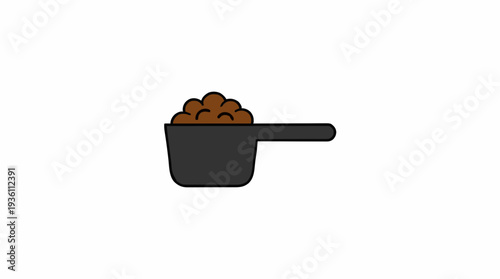 A Simple Black Pot Filled With Brown Beans And A Long Handle On A White Background