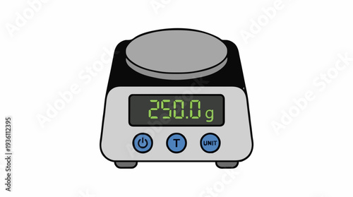 Digital weighing scale with a grey platform and black base displaying 250.0g on a white background with illuminated buttons for power tare and units