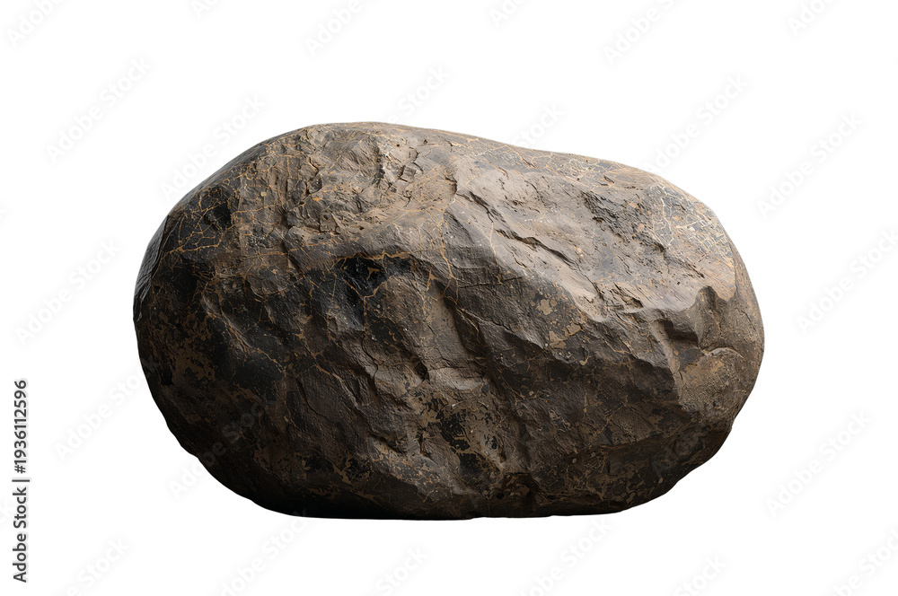 Fototapeta premium Isolated dark gray rock with rugged texture and uneven surface, representing strength, durability, and natural elements, transparent background