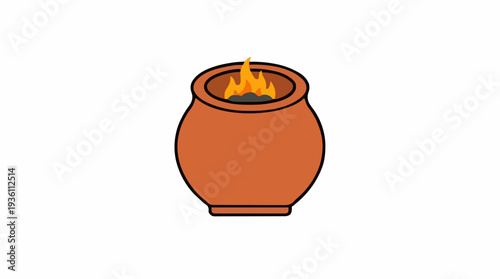 Clay pot with burning embers and orange flames on a white background