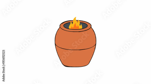 Terracotta Clay Pot With Burning Fire Inside on White Background