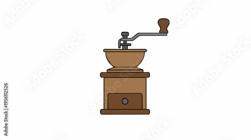 Vintage Manual Coffee Grinder With Wooden Handle And Drawer Isolated On White Background