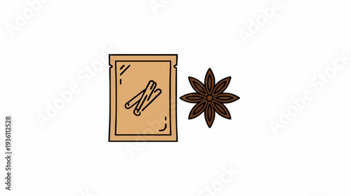 Two Cinnamon Sticks Inside A Brown Packet Next To A Star Anise Spice On A White Background