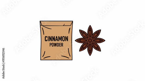 Simple illustration of cinnamon powder bag and star anise on white background