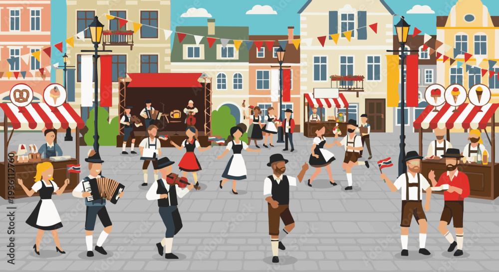 Obraz premium Vector illustration of a folk festival in a European town square with dancing, music, and food stalls.