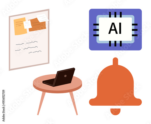 Artificial intelligence, workflow management, productivity, technology, reminders, innovation. A laptop on a desk, a task board and an AI-themed chip. Productivity and workflow management concepts