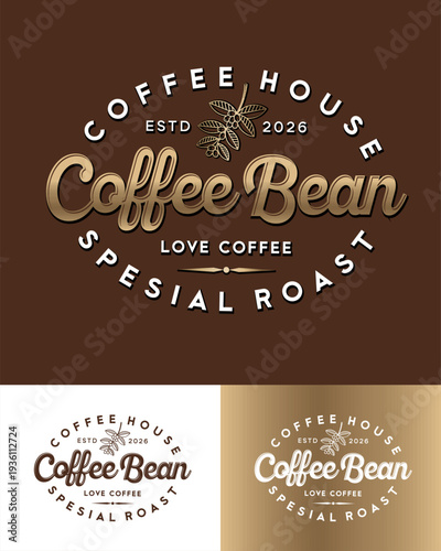 Coffee Been coffee shop logo. Premium emblem in retro style. Gold letters with a small branch of coffee berries.