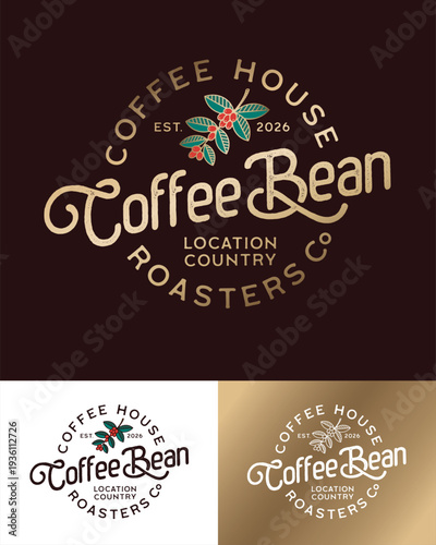 Coffee Been coffee shop logo. Premium emblem in retro style. Gold letters with a small branch of coffee berries.