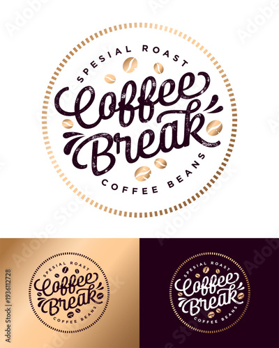 Coffee Break cafe or coffee shop logo. Dynamic lettering with golden coffee beans in a circle with a gold frame.
