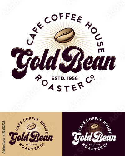 Gold Been coffee shop logo. Coffee bean with rays and  Lettering in retro style