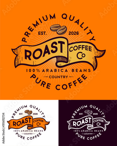 Coffee shop logo. The  best coffee beans with rays and letters and ribbon in engraving style. 