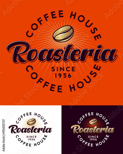 Roasteria logo. Coffee shop emblem. A golden coffee bean with rays and letters into circle. Coffee shop and cafeteria signboard.
