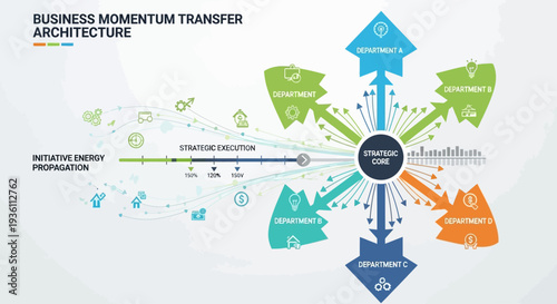 Corporate data flow and integration framework illustration representing information exchange process, enterprise system synchronization and digital transformation architecture