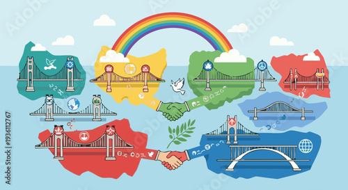 Vector illustration of bridges connecting nations, symbolizing global unity, peace, and partnership.