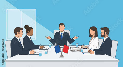 Diverse team of diplomats at a conference table. Political leaders in a formal meeting discussing international relations.