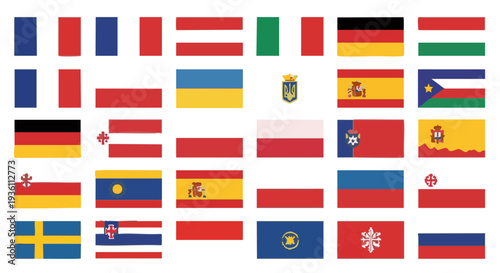 Collection of European national flags with a hand-drawn, brushstroke artistic style. Vector set.