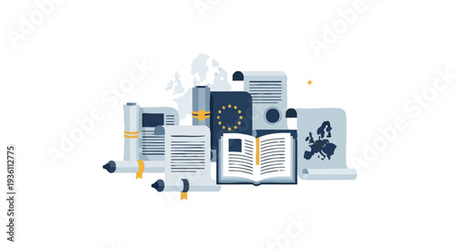 Illustration of historic legal documents, books, and scrolls. A concept for international law, politics, and European treaties with copy space.
