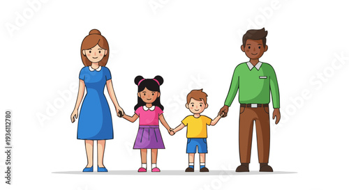 Happy multiracial family holding hands and smiling. Cartoon illustration of parents with two children on a white background.