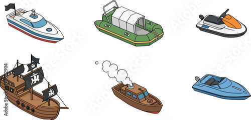Isometric boat icons set, yacht, pirate ship, motorboat, jet ski, inflatable raft, marine transport illustration collection