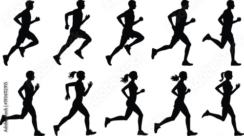Running, silhouettes, male, female, athletes, motion, stride, fitness, sport, training, exercise, dynamic, movement, posture, health, speed, endurance, activity, sequence, biomechanics, silhouette