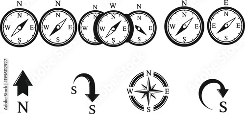 Compass icons and navigation symbols set, black and white vector illustration with directions north south east west isolated