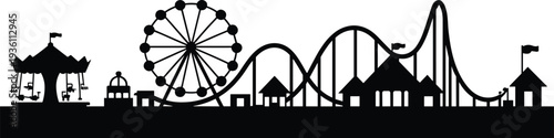 Amusement, park, silhouettes, carousel, Ferris wheel, roller coaster, rides, entertainment, fun, leisure, family, 