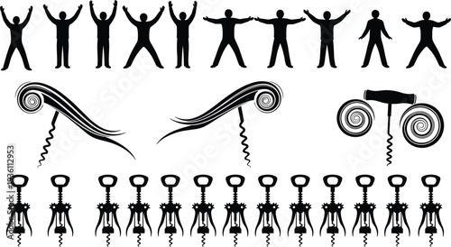Corkscrew silhouettes set, wine bottle opener tools and human celebration poses isolated on white background vector illustration