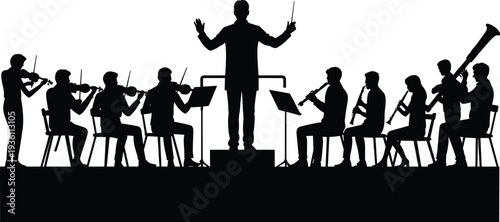 Orchestra, conductor, silhouette, musicians, instruments, violin, cello, flute, clarinet, bassoon, podium, performance, music, ensemble, symphony, h
