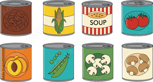 Set of Canned Food Icons, Vector Illustrations of Tinned Soup, Vegetables, Beans, and Fruits for Grocery Store and Pantry Design Elements
