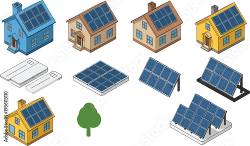 Isometric Vector Illustration of Sustainable Houses with Solar Panels, Green Energy Technology, Residential Rooftop Photovoltaic Systems, and Renewable Eco-Friendly Power Icons