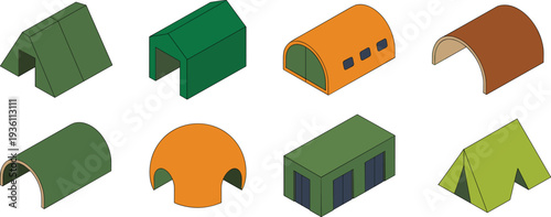 Isometric military tents and shelters set, camping barracks and hangar structures vector illustration isolated on light background