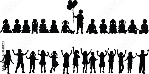 Set of Children Silhouettes, Kids Sitting and Standing in a Row, Happy Childhood Playing and Cheering Characters with Balloons Vector Collection
