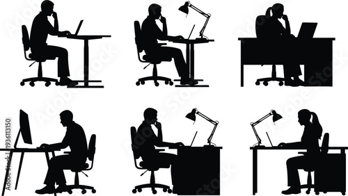Set of Office Worker Silhouettes Sitting at Desks with Laptops and Lamps, Professional Employee Character Collection for Workplace Study and Creative Design