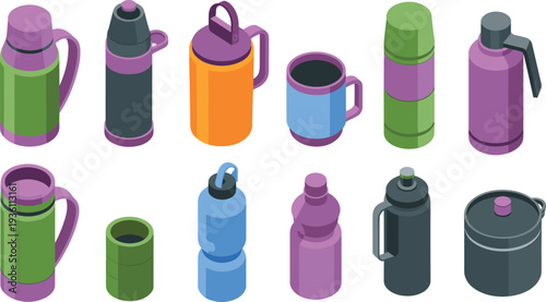 Isometric thermos and travel mug set, insulated bottles and drink containers vector illustration isolated on light background