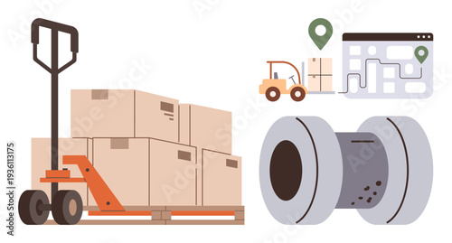 Logistics, supply chain, transportation, inventory management, delivery, industrial operations. Pallet jack loaded with boxes, route map and industrial coil. Logistics and supply chain concept