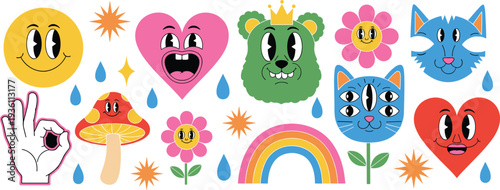 Retro Cartoon Sticker Collection with Groovy Characters, Psychedelic Mushroom, Rainbow, Heart, Flower and Surreal Faces in Vintage Rubber Hose Art Style