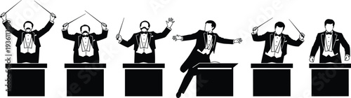 Set of Orchestra Conductor Silhouettes, Music Maestro Character Holding Baton on Podium, Classical Musician Performance, Symphony Director Vector Illustration Collection