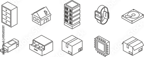 Isometric technology storage icons set, server database, smartwatch device, hard disk, USB drive, smart home, packaging box illustration concept