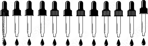 Vector Set of Medical Pipette Icons with Liquid Drops, Skincare Serum Dropper Illustrations, Laboratory Equipment Silhouettes for Beauty and Science