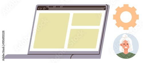 Web development, UI design, tech support, online interaction, user customization, digital tools. A laptop with website layout, profile photo and gear icon. Web development and UI design theme