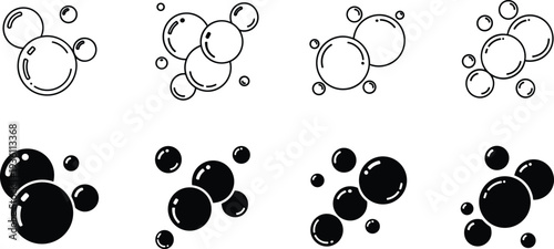 Vector Set of Soap Bubble Icons, Black Silhouette and Line Art Illustrations for Cleaning, Washing, Freshness, and Water Graphic Design Elements