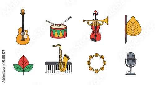 Musical instruments and autumn leaves illustration