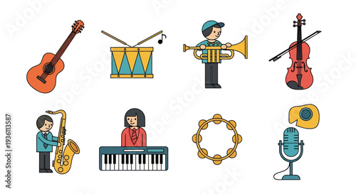 Musical instruments and musicians icon set