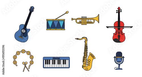 Musical instruments collection on white