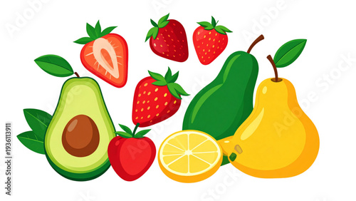 Fresh fruit illustration set featuring strawberries, avocados, and pears for healthy food, nutrition, and organic design concepts
