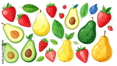 Fresh fruit illustration set featuring strawberries, avocados, and pears for healthy food, nutrition, and organic design concepts