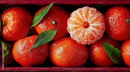 Fresh vibrant tangerines arranged in dark crate with leaves